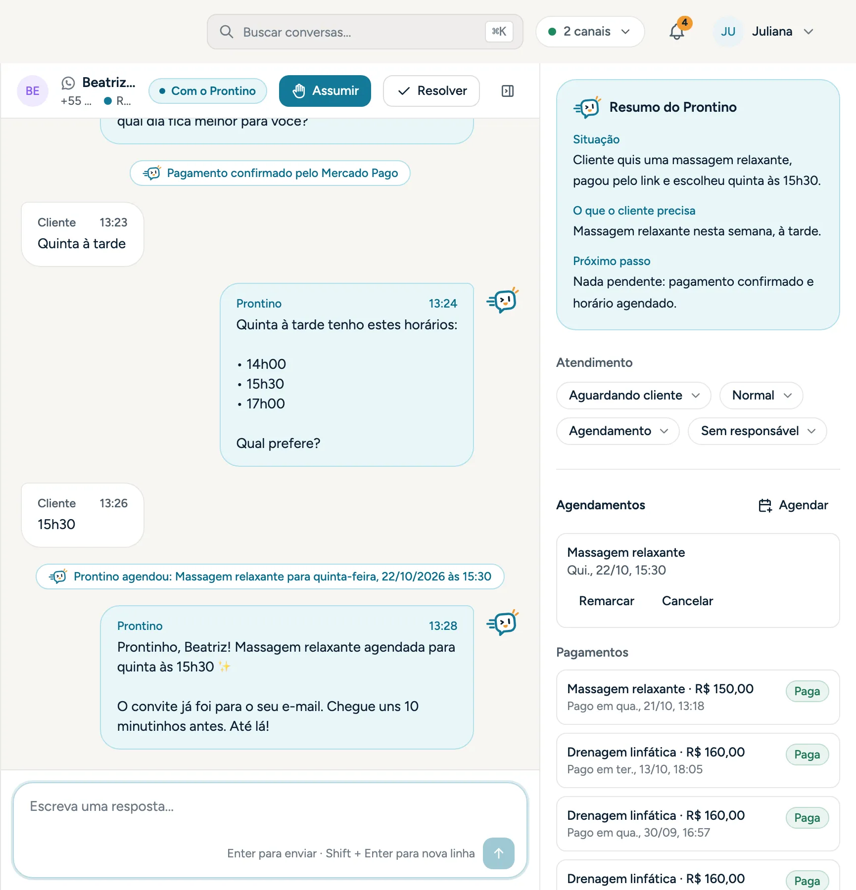Conversa em que o Prontino oferece horários, envia o link de pagamento e confirma o agendamento