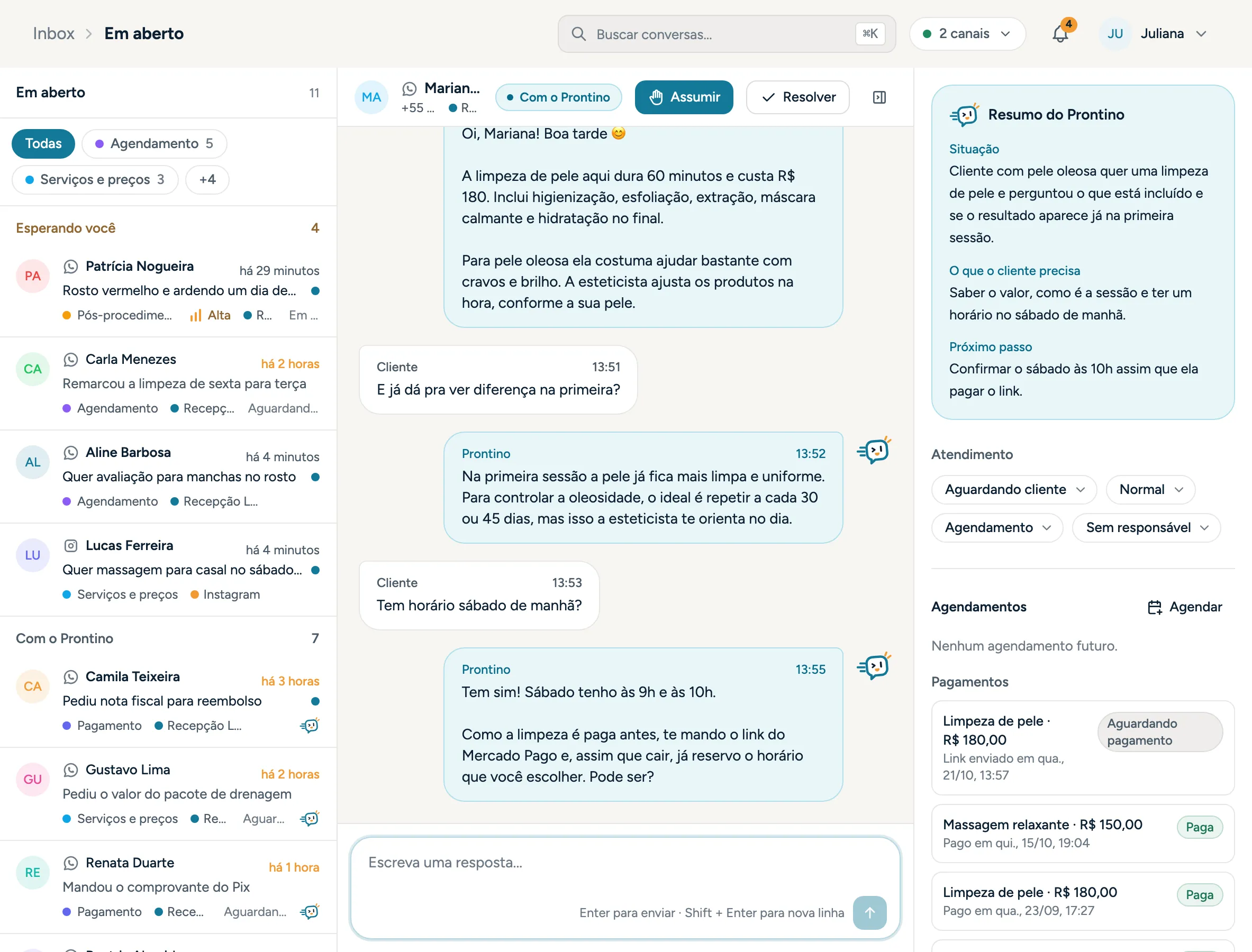 Caixa de entrada do Prontino com a lista de conversas e uma conversa aberta