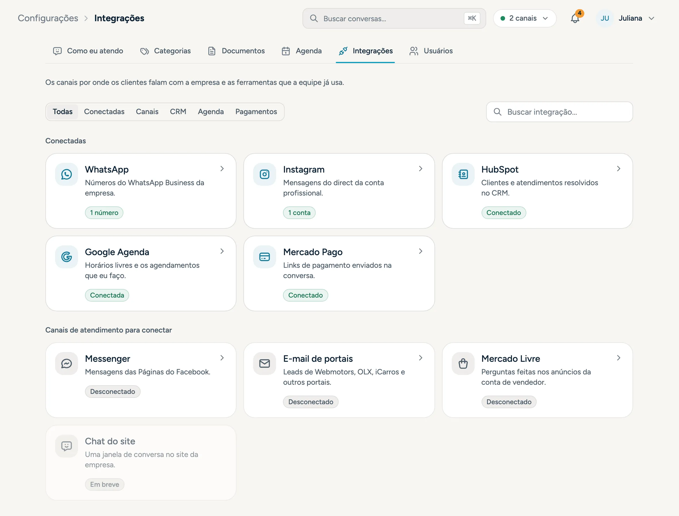 Catálogo de integrações: canais, CRM, agenda e pagamentos