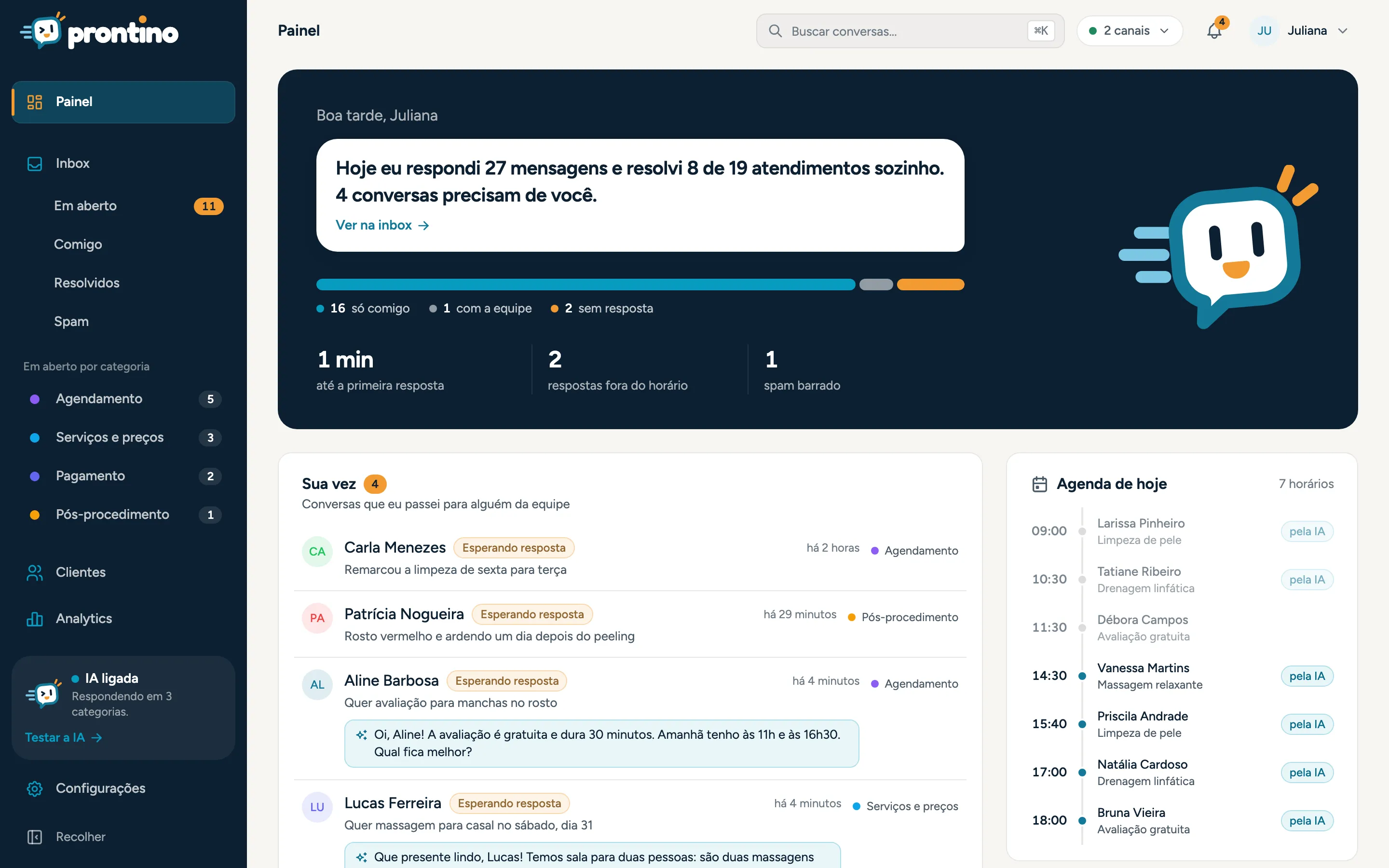 Painel do Prontino com as conversas que esperam resposta e a agenda do dia